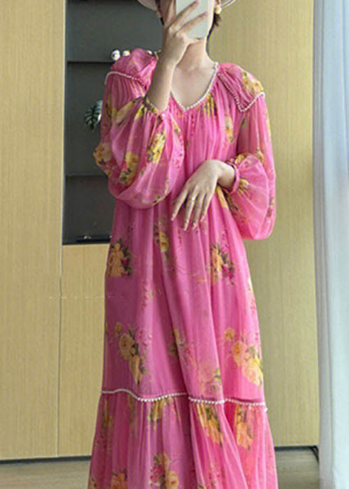 Elegant Pink V Neck Print Patchwork Chiffon Long Dresses Fall