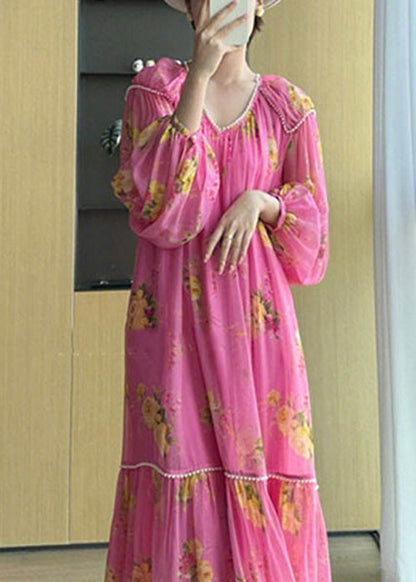 Elegant Pink V Neck Print Patchwork Chiffon Long Dresses Fall