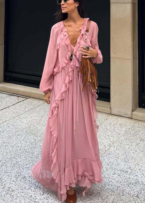 Elegant Pink V Neck Ruffled Chiffon Long Dress Fall