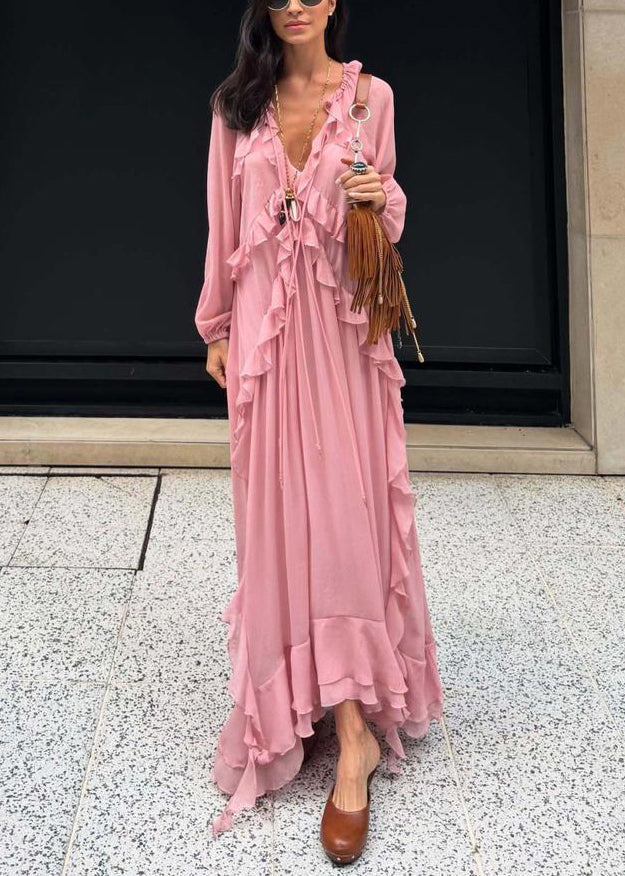 Elegant Pink V Neck Ruffled Chiffon Long Dress Fall