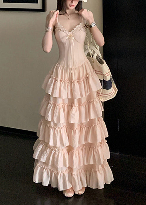 Elegant Pink V Neck Ruffled Lace Spaghetti Strap Dress Sleeveless