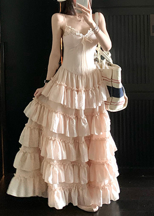 Elegant Pink V Neck Ruffled Lace Spaghetti Strap Dress Sleeveless