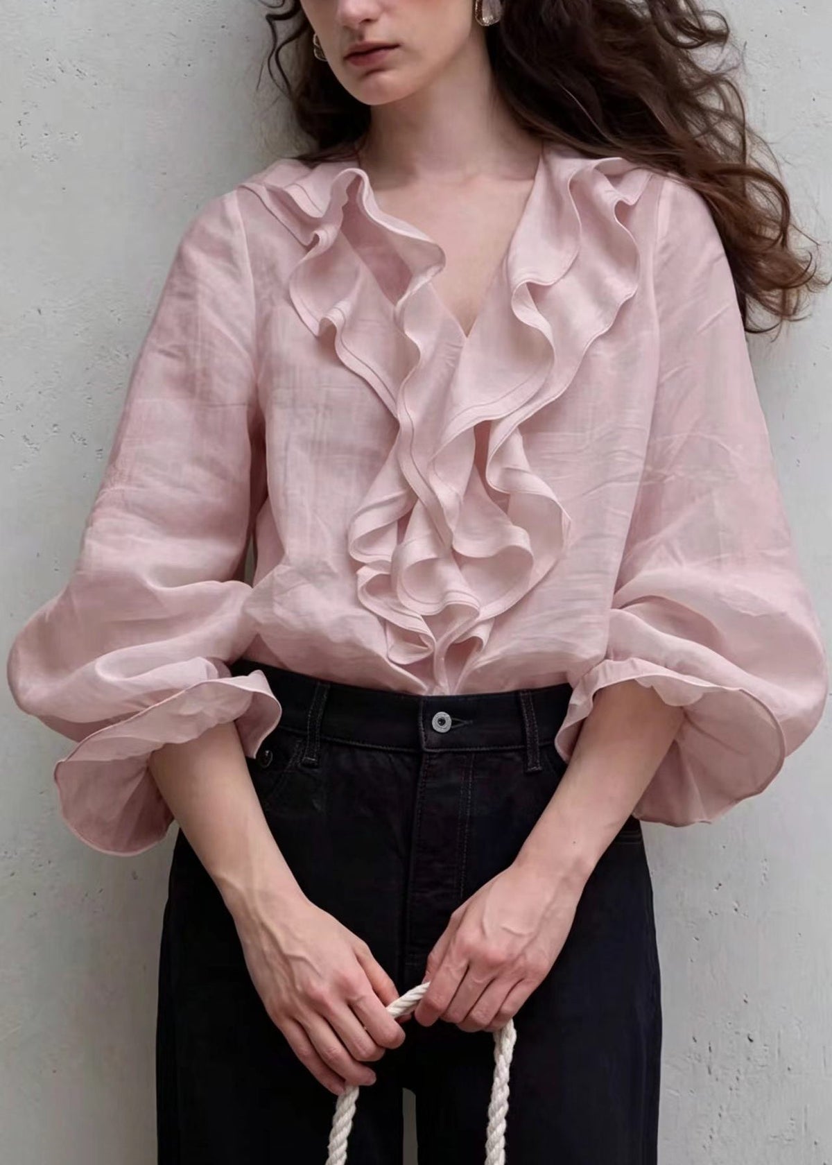 Elegant Pink V Neck Ruffled Shirt Tops Puff Sleeve