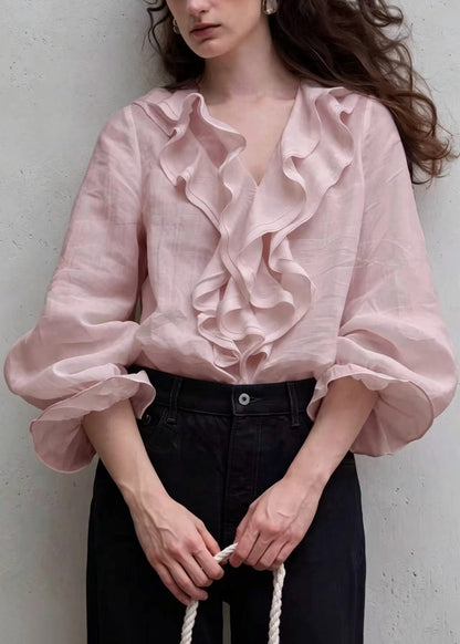 Elegant Pink V Neck Ruffled Shirt Tops Puff Sleeve