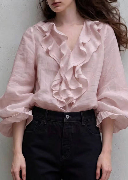 Elegant Pink V Neck Ruffled Shirt Tops Puff Sleeve