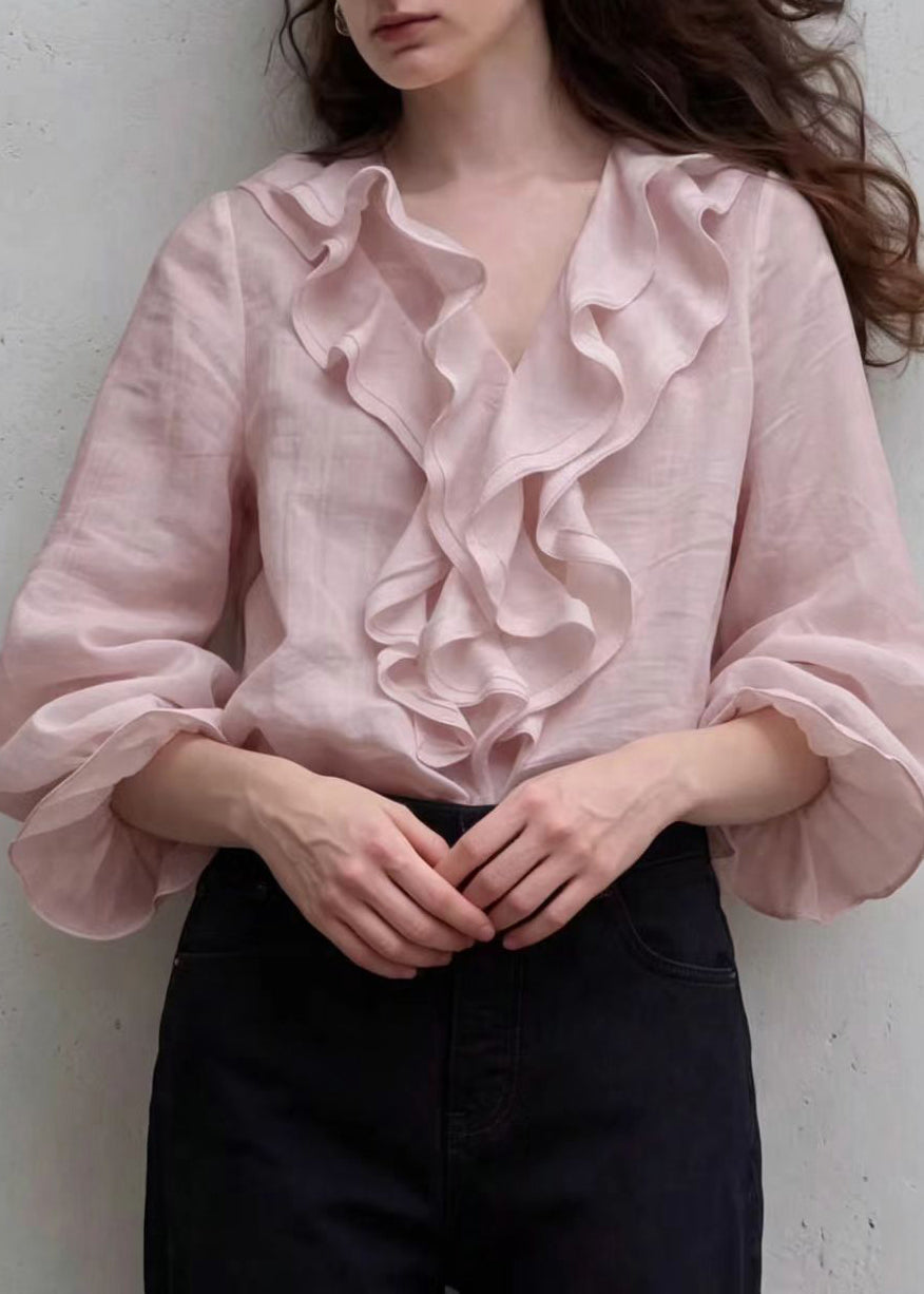 Elegant Pink V Neck Ruffled Shirt Tops Puff Sleeve