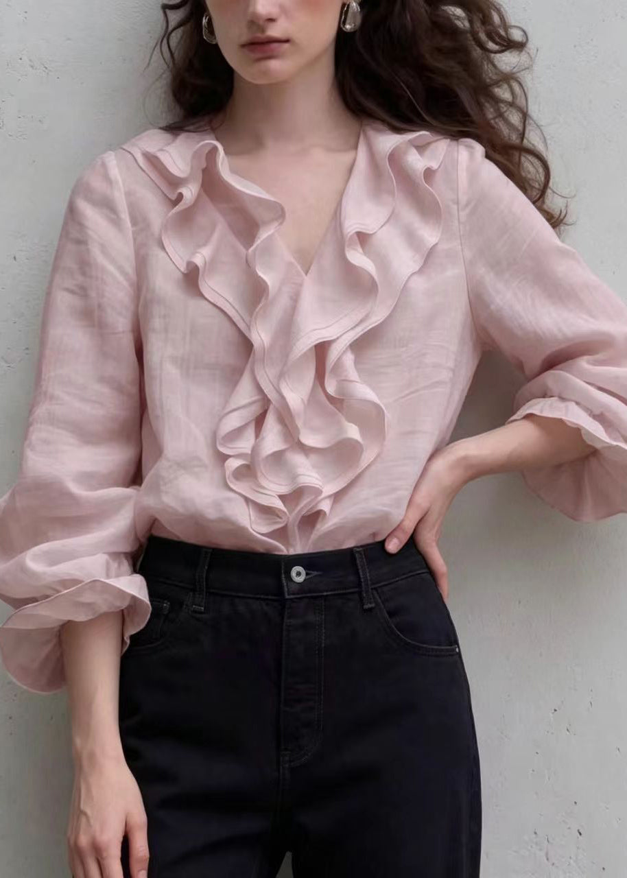 Elegant Pink V Neck Ruffled Shirt Tops Puff Sleeve