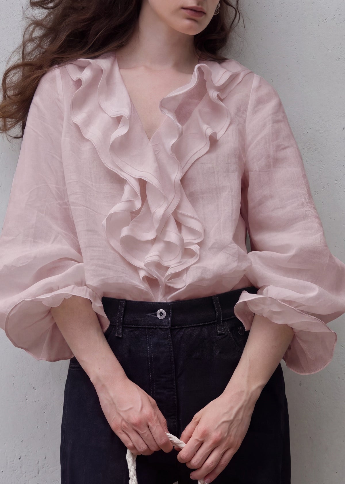 Elegant Pink V Neck Ruffled Shirt Tops Puff Sleeve