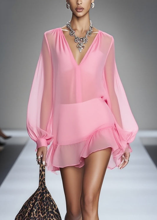 Elegant Pink V Neck Wrinkled Tulle Mid Dress Spring