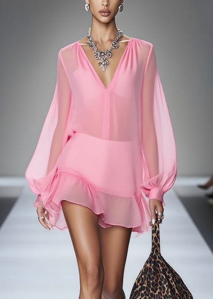 Elegant Pink V Neck Wrinkled Tulle Mid Dress Spring