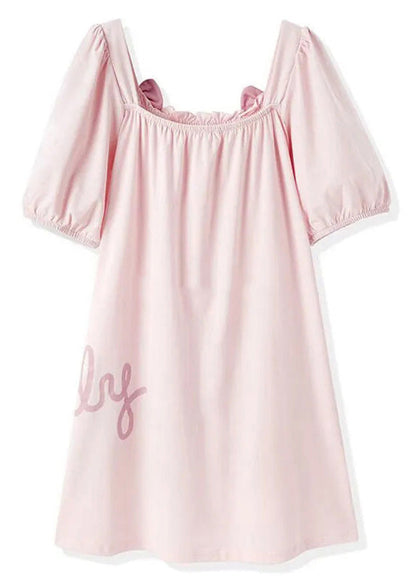 Elegant Pink Wrinkled Graphic Bow Cotton Girls Maxi Dress Short Sleeve