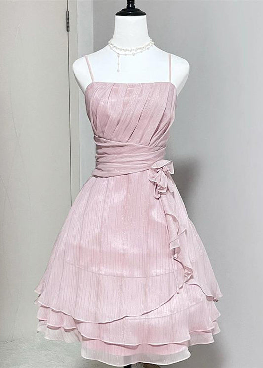Elegant Pink Wrinkled High Waist Silk Spaghetti Strap Dress Sleeveless