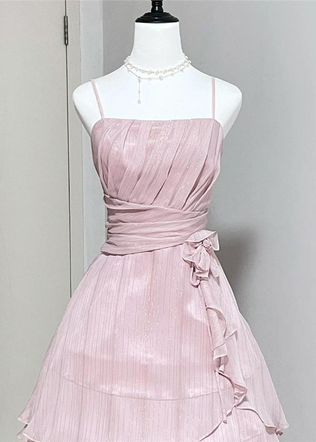 Elegant Pink Wrinkled High Waist Silk Spaghetti Strap Dress Sleeveless