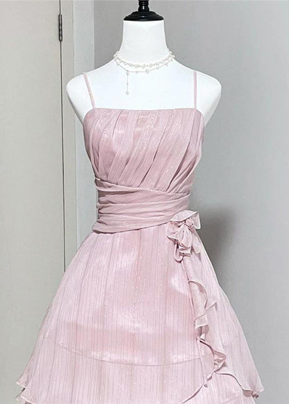 Elegant Pink Wrinkled High Waist Silk Spaghetti Strap Dress Sleeveless