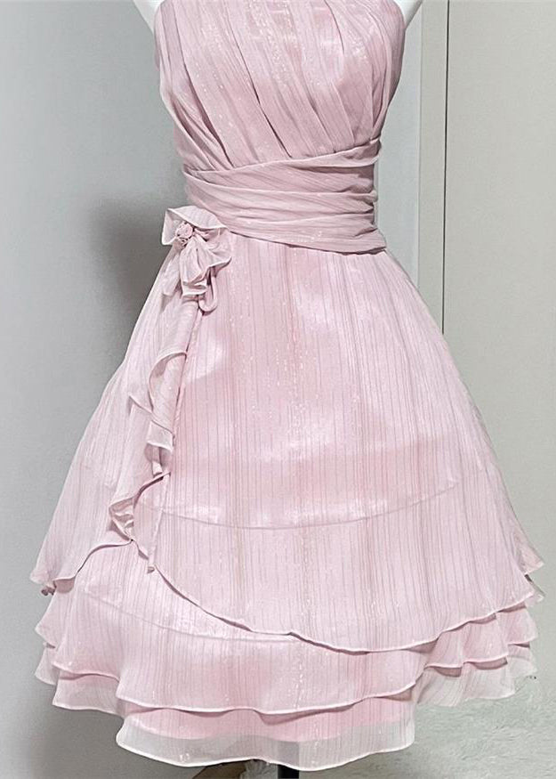 Elegant Pink Wrinkled High Waist Silk Spaghetti Strap Dress Sleeveless