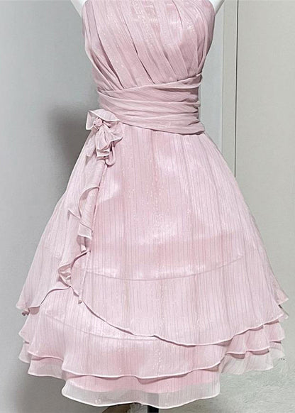 Elegant Pink Wrinkled High Waist Silk Spaghetti Strap Dress Sleeveless