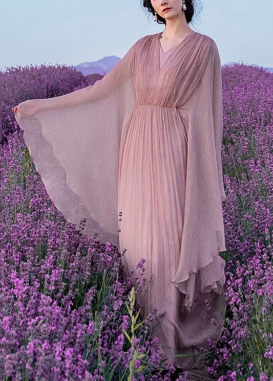 Elegant Pink Wrinkled Solid Silk Long Dress Batwing Sleeve