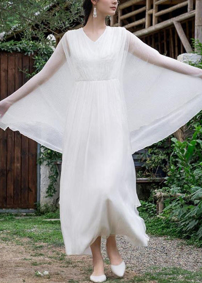 Elegant Pink Wrinkled Solid Silk Long Dress Batwing Sleeve