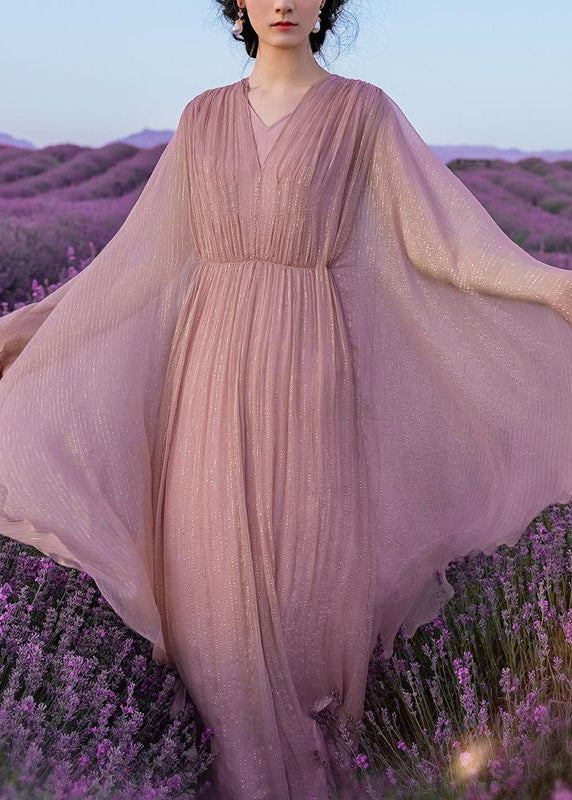 Elegant Pink Wrinkled Solid Silk Long Dress Batwing Sleeve