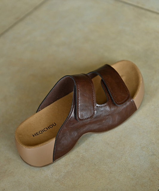 Elegant Platform Brown Cowhide Leather Slide Sandals