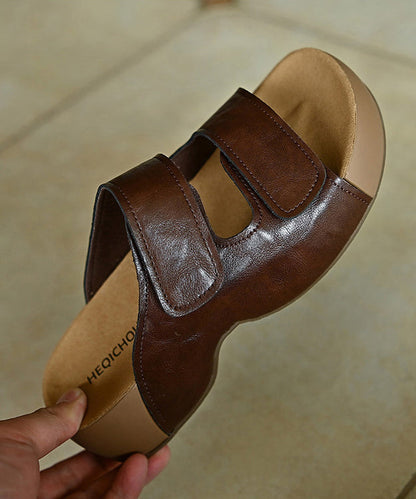 Elegant Platform Brown Cowhide Leather Slide Sandals
