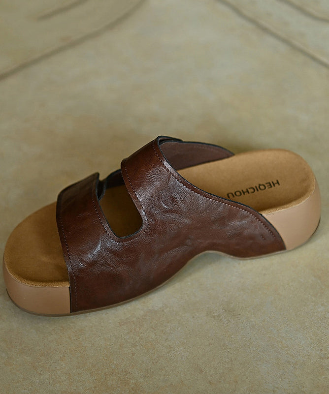 Elegant Platform Brown Cowhide Leather Slide Sandals