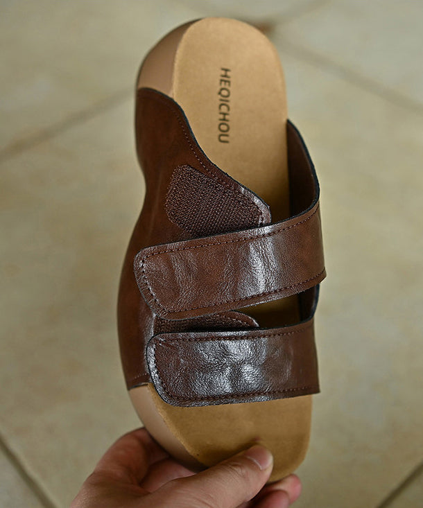 Elegant Platform Brown Cowhide Leather Slide Sandals