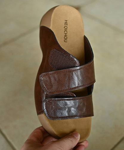 Elegant Platform Brown Cowhide Leather Slide Sandals