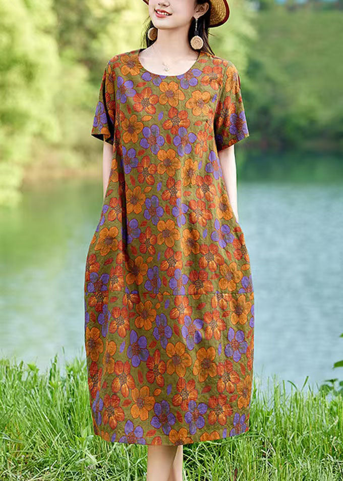 Elegant Polychrome Oversized Floral Linen Mid Dress Summer