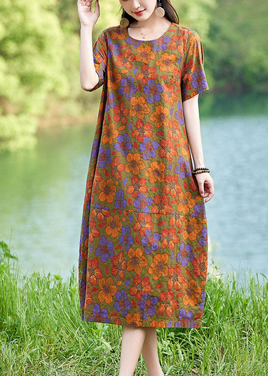 Elegant Polychrome Oversized Floral Linen Mid Dress Summer