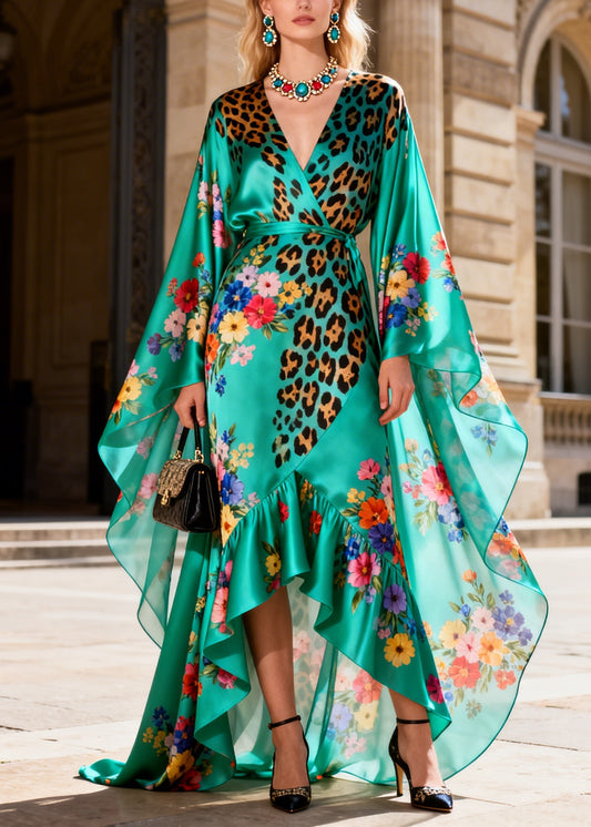 Elegant Print Asymmetrical Design Ruffled Patchwork Silk Dresses Summer