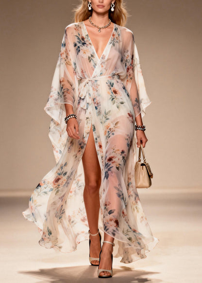 Elegant Print Side Open Lace Up Chiffon Dresses Summer