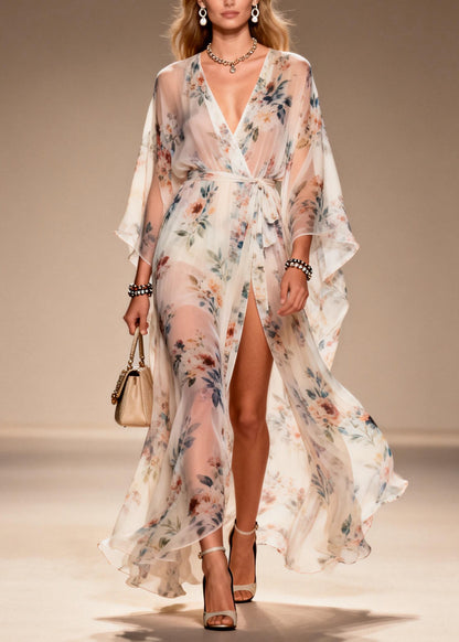 Elegant Print Side Open Lace Up Chiffon Dresses Summer