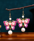 Elegant Purple Copper Overgild Acrylic Pearl Butterfly Drop Earrings