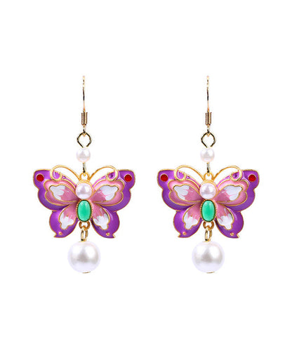 Elegant Purple Copper Overgild Acrylic Pearl Butterfly Drop Earrings