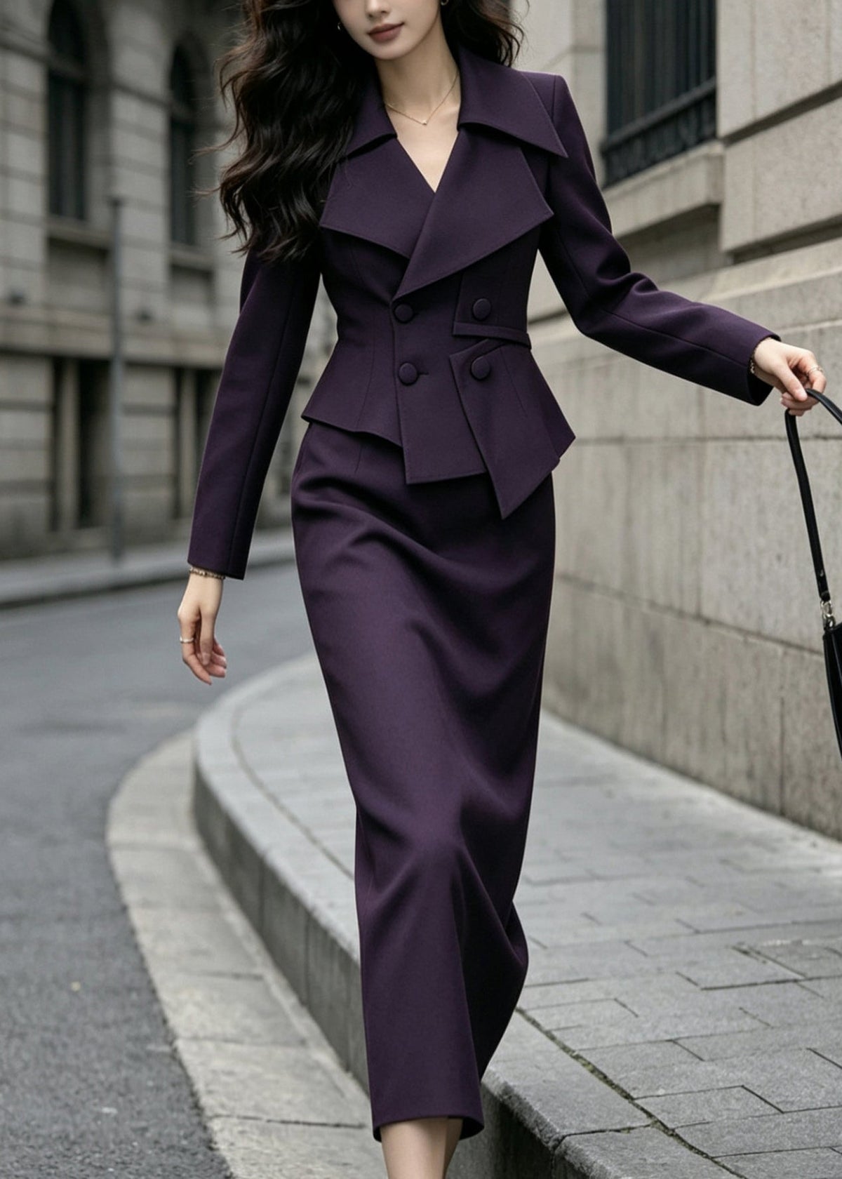 Elegant Purple Double-Layer Blazer And Straight Pants Two Pieces Set Long Sleeve