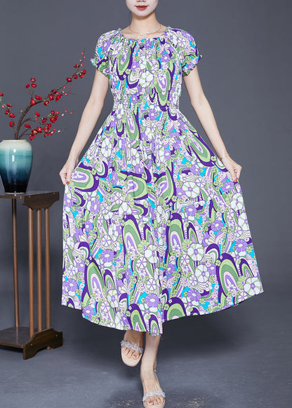 Elegant Purple Elastic Waist Print Cotton Beach Dress Summer