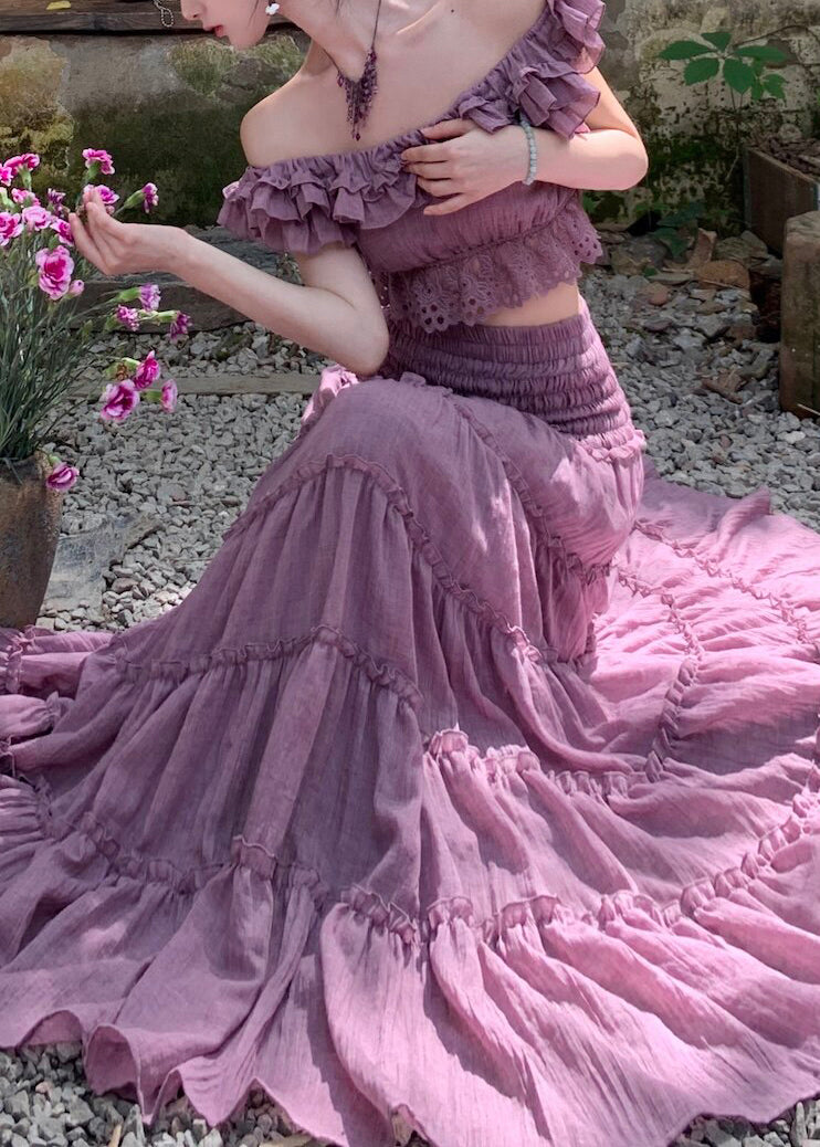 Elegant Purple Elastic Waist Top And A Line Skirts Two Pieces Set Summer