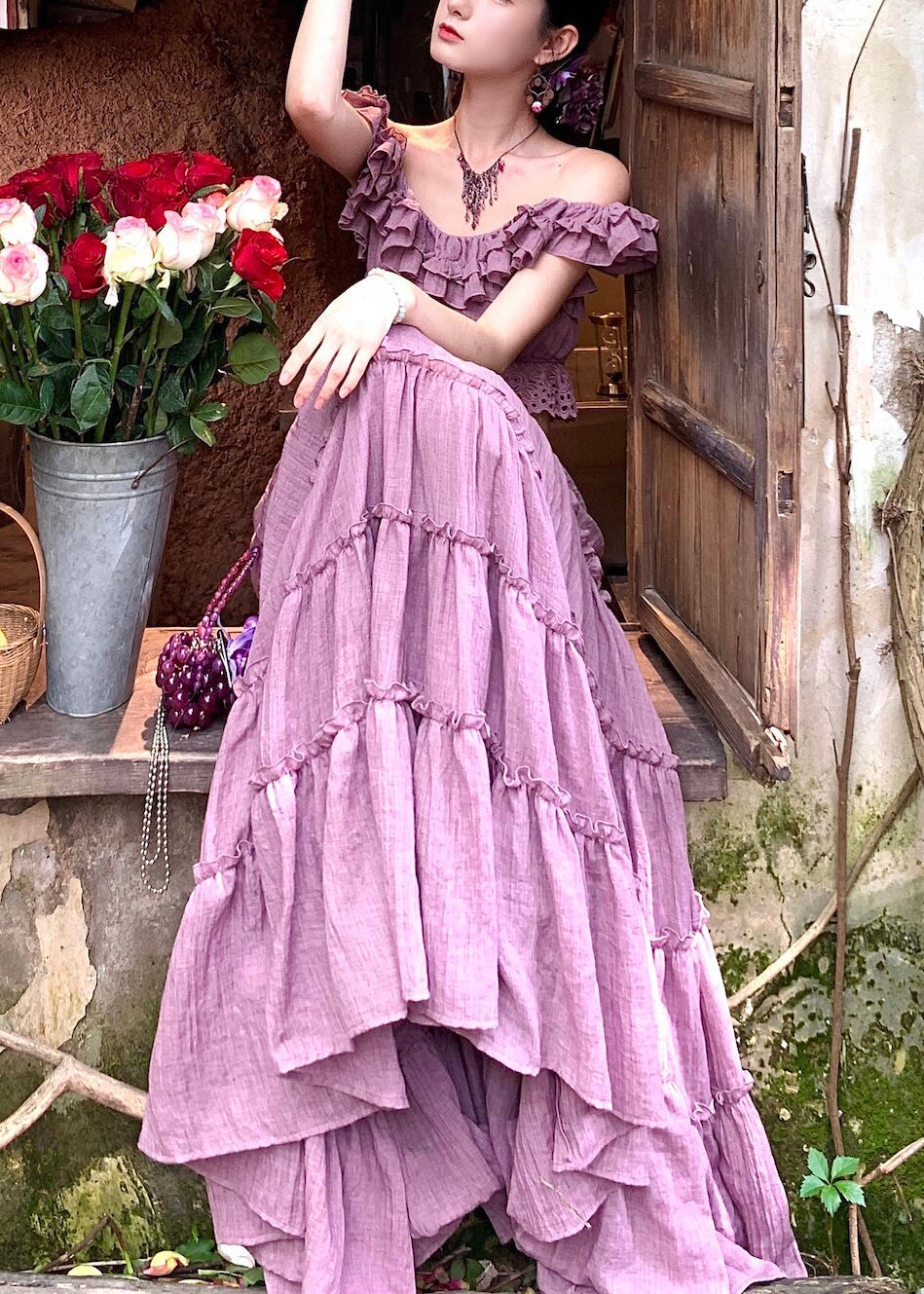 Elegant Purple Elastic Waist Top And A Line Skirts Two Pieces Set Summer