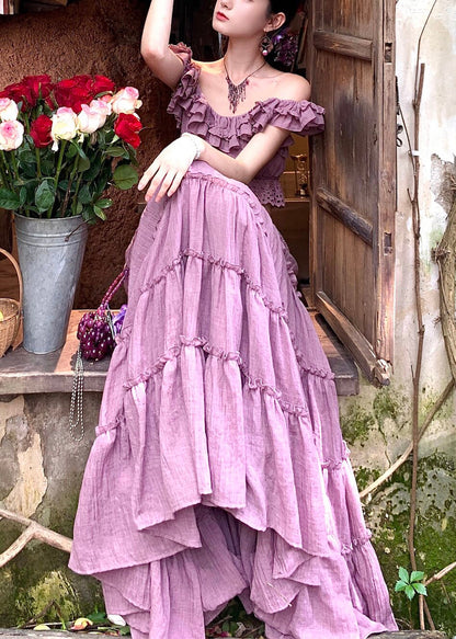 Elegant Purple Elastic Waist Top And A Line Skirts Two Pieces Set Summer