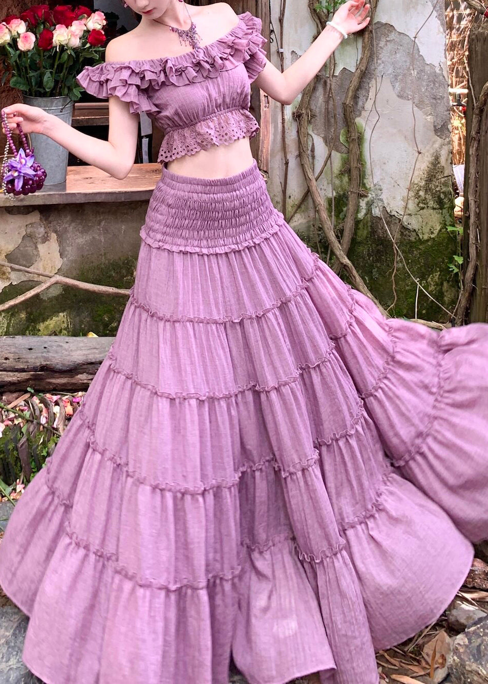 Elegant Purple Elastic Waist Top And A Line Skirts Two Pieces Set Summer