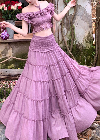Elegant Purple Elastic Waist Top And A Line Skirts Two Pieces Set Summer