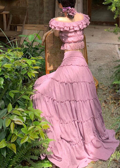 Elegant Purple Elastic Waist Top And A Line Skirts Two Pieces Set Summer