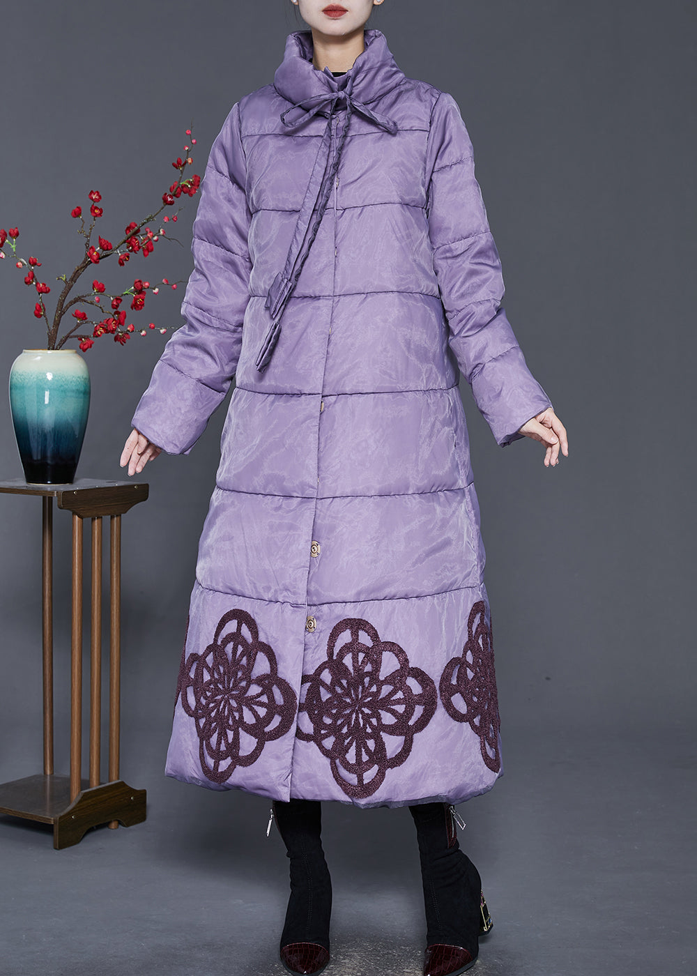 Elegant Purple Embroideried Duck Down Down Coat Winter