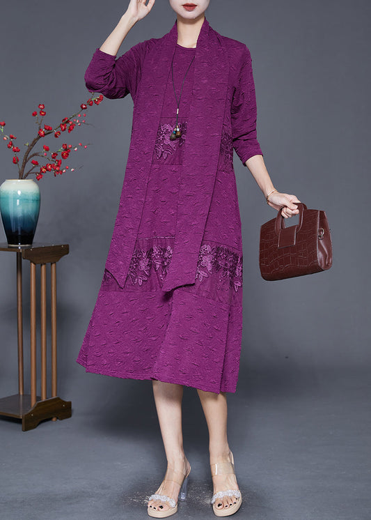 Elegant Purple Embroideried Patchwork Scarf Long Dress Fall