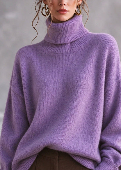 Elegant Purple Hign Neck Thick Warm Knit Sweaters Fall