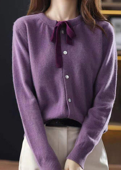 Elegant Purple O Neck Lace Up Patchwork Woolen Knitted Cardigans Fall