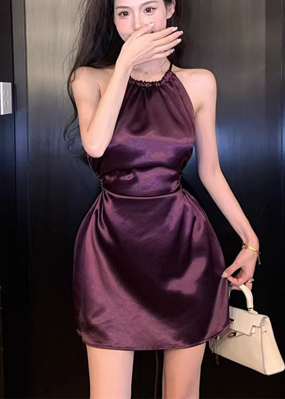 Elegant Purple O-Neck Solid Vacation Mid Dress Sleeveless