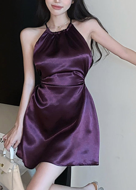 Elegant Purple O-Neck Solid Vacation Mid Dress Sleeveless