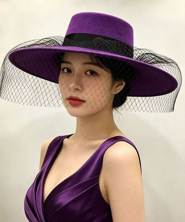 Elegant Purple Patchwork Tulle Cashmere Cloche Hat